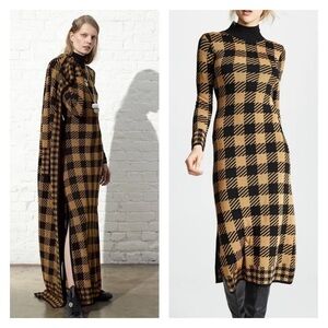 TEMPERLEY LONDON Trophy Knit Midi Dress Yellow Black Check Mock Neck Medium